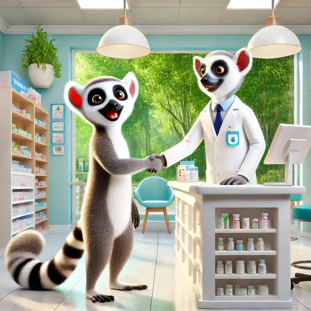 DALL·E 2024-11-15 11.01.12 – A 3D rendering of a cheerful lemur inside a pharmacy, smiling and shaking hands with another lemur dressed as a pharmacist. The interior of the pharma