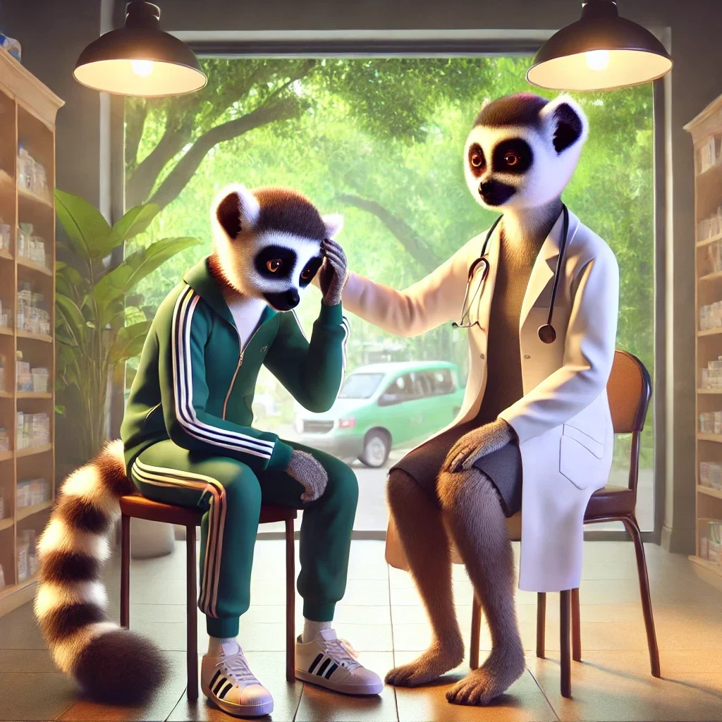 DALL·E 2024-12-22 18.29.08 – A 3D scene inside a pharmacy featuring a young male lemur with a realistic lemur face, dressed in a tracksuit, sitting on a chair, holding his head as